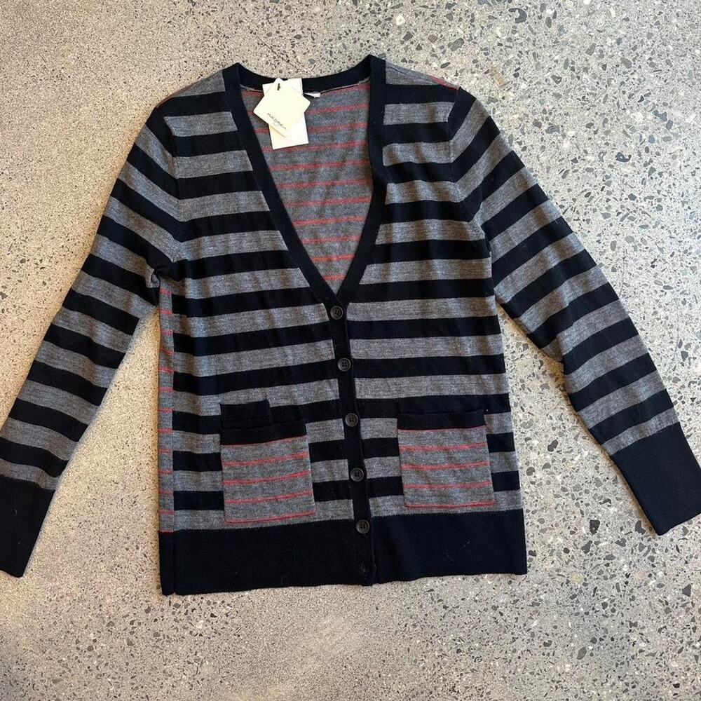 Halogen Women’s Small Black Gray Striped Cardigan Lightweight Knit NWT